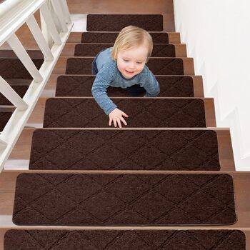 Килимки для сходів 55x19 см, самоклеючі протиковзкі килимки для сходів для використання в приміщенні, багаторазові, можна різати для дерев&39яних сходів, ідеально підходять для дітей, людей похилого віку, домашніх тварин (коричневі - з ромбоподібним візер