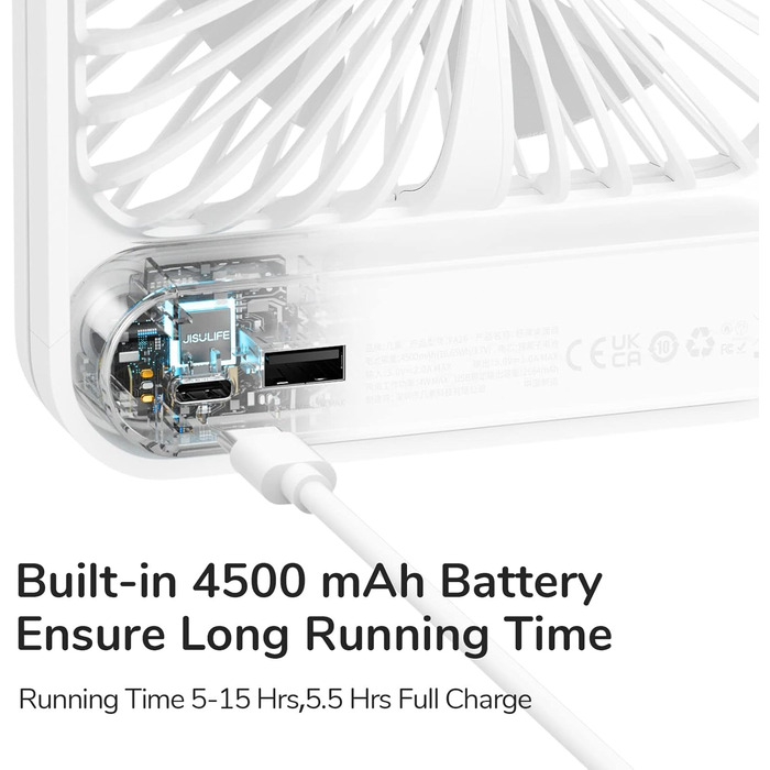 Настільний вентилятор JISULIFE Quiet, 4500mAh Mini Fan Battery Rechargeable, 180 Foldable Portable Fan Small, 4 speeds Adjusted For Home Office Travel-White