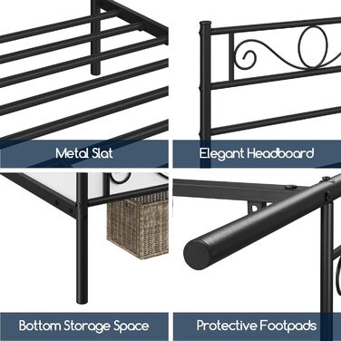 Каркас ліжка Yaheetech 90 x 200 см Металеве ліжко з рейковою основою Односпальне/двоспальне ліжко для гостей Дитяче ліжко з узголів&39ям для спальні Гостьова кімната Чорний колір 90 x 200 см