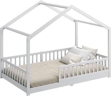 Дитяче ліжко CADANI Malte 120x200 см Ліжко-будиночок зі знімними захисними поручнями, вантажопідйомність до 200 кг, висувна рейкова основа, ліжко Монтессорі з масиву сосни, білий колір 120x200 см