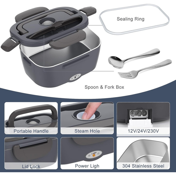 Електричний ланч-бокс 80 Вт Heatbox 1,5 л Портативний термобокс 3-в-1, герметичний ланч-бокс для дорослих, 12 В/24 В/230 В, знімні ізольовані харчові контейнери для автомобіля, вантажівки, офісу, дому, сірий, підключається до мережі