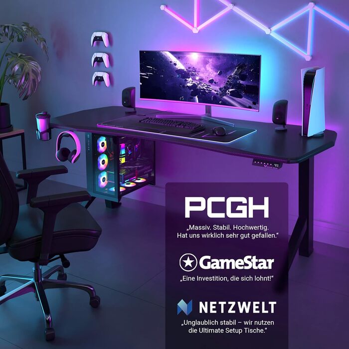 Ігровий стіл Ultimate Setup, регульована висота, електричний, чорний, ігровий стіл, ігровий стіл, ігровий стіл 180x80 см, карбонове покриття для ігрової кімнати, чорна рама 180x80x2,5 см