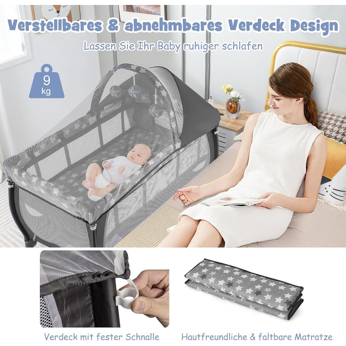 Дитяче ліжечко COSTWAY 4-в-1, портативне приліжкове ліжечко, дорожнє ліжечко зі складним матрацом, пеленальний столик, балдахін, ігрова арка та музичний мобіль, колиска з колесами, люлька для дитини до 36 місяців (сіра) темно-сіра