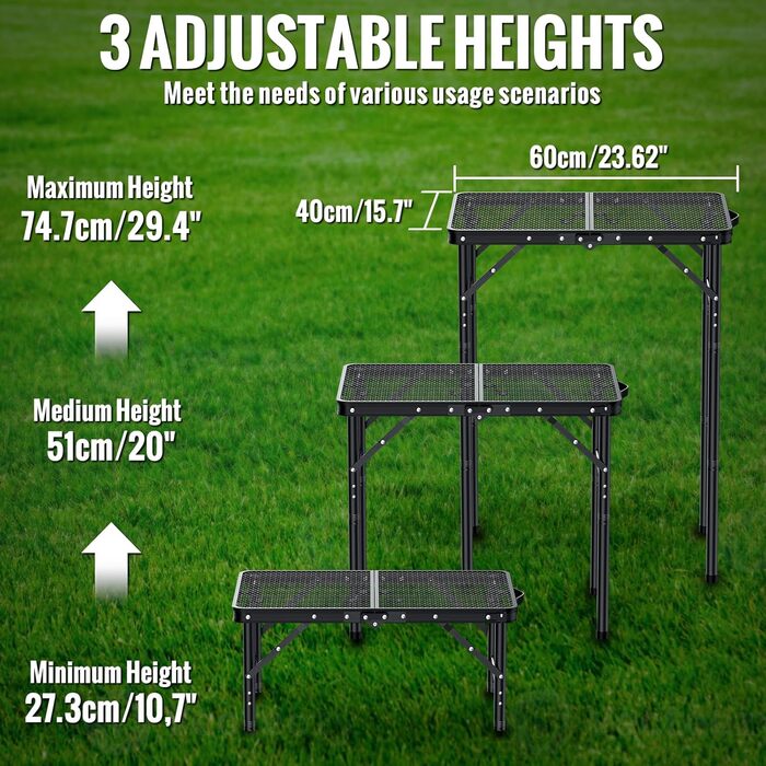 Складаний стіл-гриль GARLLEN, 60x40 см та 3 регульовані висоти (27/51/75 см), легкий та портативний, складаний стіл, кемпінговий стіл, бічний столик, садовий стіл, стіл для пікніка, невеликий стіл-гриль для кемпінгу, чорний, 60 x 40 x 27/51/75 см