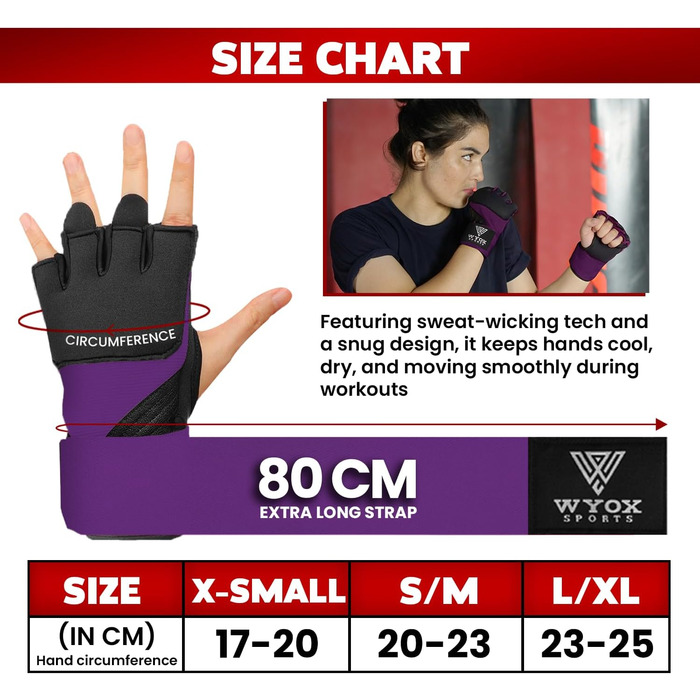 Гелеві боксерські накладки на руки WYOX, внутрішні рукавички для чоловіків та жінок, 80 см, швидкі накладки на зап&39ястя, м&39який захист суглобів для муай-тай, кікбоксингу, накладки на руки для боксу та бойових мистецтв, малі/середні, фіолетові