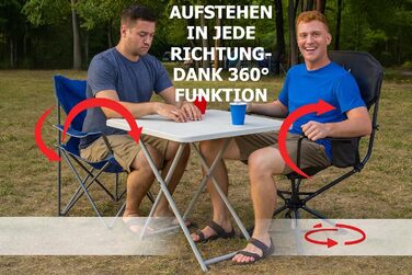 Складаний кемпінговий стілець, чорний, до 150 кг, із задньою кишенею для подушки або грілкової пляшки, обертається на 360