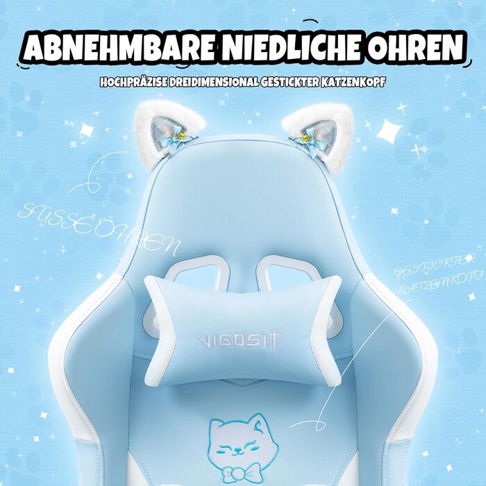 Миле ігрове крісло з поперековою подушкою у формі котячої лапи та котячими вушками, ергономічне ігрове крісло з підставкою для ніг, регульоване ігрове крісло для ПК для дівчаток, підлітків, дітей, синього кольору