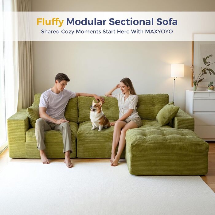 Диван MAXYOYO з функцією сну, кутовий диван L-подібної форми, вельветова тканина, 264x171 см, вельветовий диван, вітальня, розкладний диван з пуфом, універсальний, легко чиститься та підходить для домашніх тварин, не потребує складання (світло-зелений)