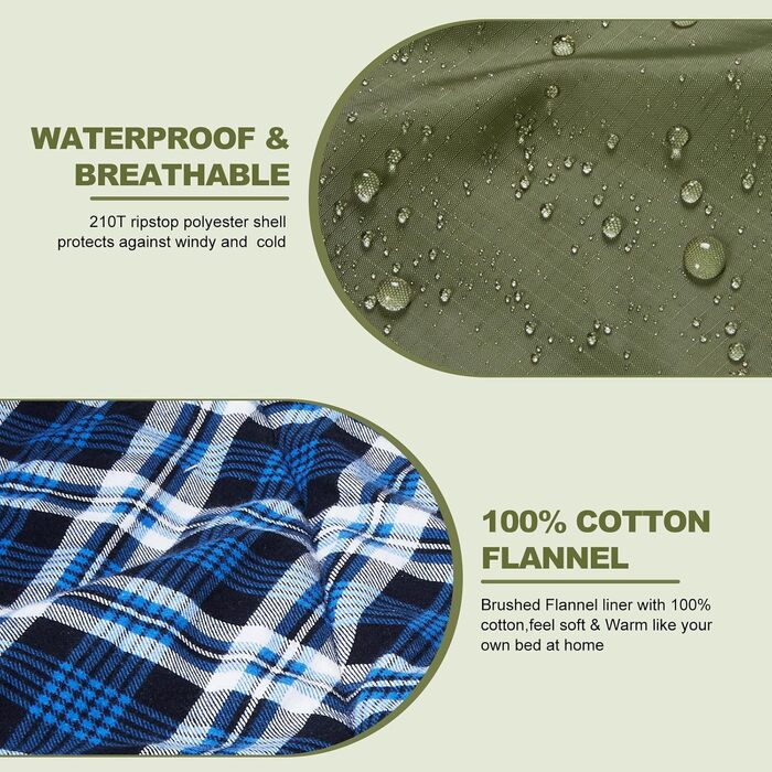Подвійний спальний мішок AGEMORE для дорослих, бавовняна фланель, спальний мішок на 2 особи для кемпінгу в холодну погоду, розмір &quotqueen-size&quot, водонепроникний спальний мішок-ковдра з флісовою підкладкою та капюшоном, 3-4 сезони, армійський зелени