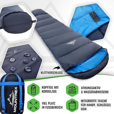 Спальний мішок MOUNTREX Зима Літо - Маленька упаковка та надлегкий (760 г/1500 г) - Літній спальний мішок для кемпінгу на природі (100 г/м) / Зимовий спальний мішок (300 г/м) Мумія-спальний мішок Теплий та зручний темно-синій/синій літній спальний мішок