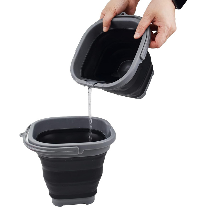 Л Super Mini Square Foldable Plastic Bucket - Складне квадратне відро - Портативне відро для води - Економія місця на відкритому повітрі (сірий/чорний (набір 2), 2) Сірий/чорний (набір 2) 2, 2,6