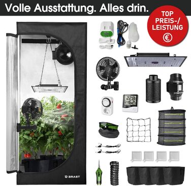 Гроубокс BRAST Growzelt Комплект для вирощування з додатковим обладнанням Різні розміри 60x60x140-120x60x180 см LED технологія повного спектру Система вентиляції та поливу Водонепроникний та світлонепроникний 70x70x160 см XL
