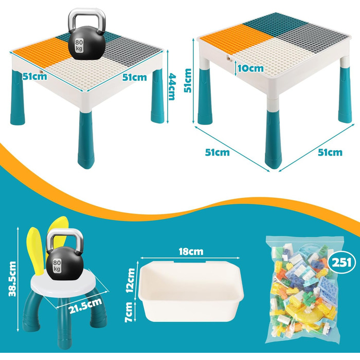 Дитячий стіл з 2 стільцями, ігровий стіл для дітей з 251 будівельним блоком, багатофункціональний ігровий стіл для дітей віком від 2 років з місцем для зберігання, креативний ігровий стіл з будівельних блоків, набір будівельних блоків 5551 см