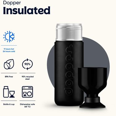 Термос Dopper Insulated 580 мл, яскраво-чорний - Двостінний, герметичний, зберігає напої холодними 24 години/гарячими 9 годин - Пляшка для пиття з нержавіючої сталі - Термокружка - Кружка для кави - Вода, чай 580 мл, чорний