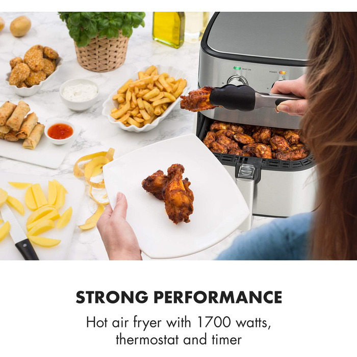 Фритюрниця Klarstein AeroVital - фритюрниця, 1700 Вт, об'єм 5.4 літра, налаштування температури, таймер, частини, які можна мити в посудомийній машині, з низьким вмістом жиру, смаження, що економить час, нержавіюча сталь, срібло