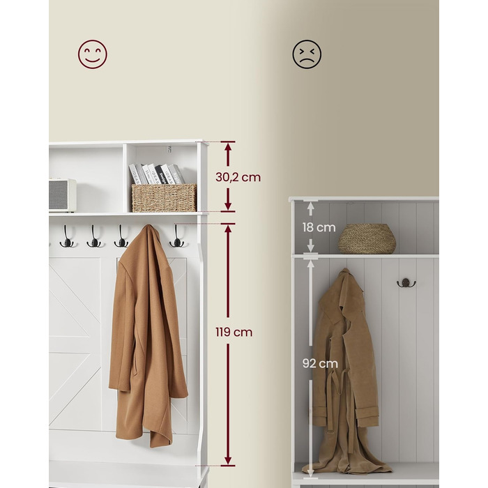 Вішалка для одягу, Шафа, Меблі для входу з полицею для взуття, Регульовані полиці, 20 відкритих відділень, 6 потрійних гачків, Сільський стиль, Окремостояча, Для вхідної зони, Коридор, Хмарно-білий HSR440W03
