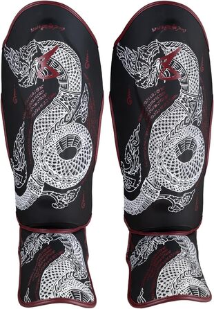 ВИДІВ ЗБРОЇ Щитки для гомілок Sak Yant Naga, чорно-коричневі, для тренувань та змагань, високоякісна синтетична шкіра та ідеальна амортизація, муай-тай, K1, MMA, карате та кікбоксинг, 8