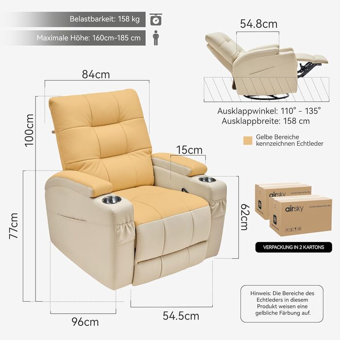 Крісло-гойдалка AIRSKY, крісло-гойдалка, крісло для телевізора зі справжньої шкіри з функцією відкидання, крісло для кінотеатру, крісло для літніх людей, крісло для телевізора з функцією сну, ручне регулювання, крісло-гойдалка, крісло-гойдалка, вітальня, 