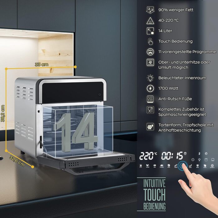 Фритюрниця HEINRICHS з цифровим світлодіодним дисплеєм Сенсорний РК-дисплей, 11 програм 1800 Вт фритюрниці без олії Фритюрниця Функція таймера фритюрниці Heinrich (14L XXXXXL)