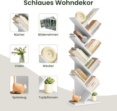 Книжкова полиця EUGAD у формі дерева, окремостояча полиця для CD/DVD з 9 полицями, полиця для зберігання, кутова полиця для спальні, вітальні, 40x127x20 см, білий