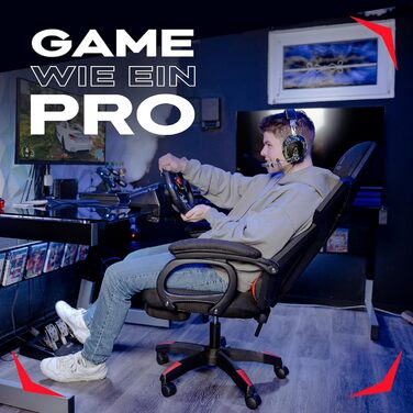 Ергономічне ігрове крісло BARBERIO, офісне крісло, вантажопідйомність 150 кг, повітропроникна сітка, з підставкою для ніг, регульовані підлокітники, сидіння 54 см, поворот на 360, подушка для поперекової підтримки, регульована висота (чорно-червоне)