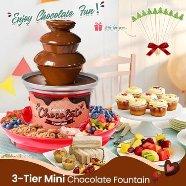 Рівнева міні-машина для шоколадного фонтану Huanyu Huanyu 10 бамбукових шампурів знімний лоток 450 г шоколадного фондю Фонтан для вечірки День народження Весілля Шоколад Сир Начо Соус барбекю Лікери (червоний), 3-