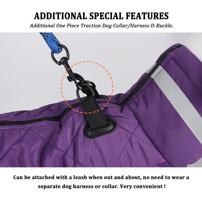 Водонепроникне пальто для собак Vivi Bear, зимовий вітрозахисний теплий жилет для собак із світловідбиваючими смужками та D-подібним кільцем для відпочинку на свіжому повітрі, тренувань, спорту та полювання, 5XL фіолетовий