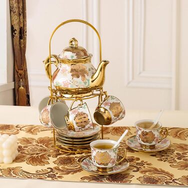 Позолочений керамічний чайний набір із червоної троянди, вінтажний чайний набір із чайником, гарний чайний набір на 6 осіб (рожевий, середній) середньо-рожевий