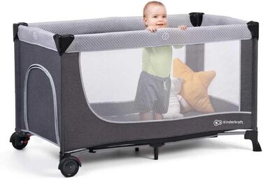 Дитяче ліжечко Kinderkraft LEODY зі спальним місцем 120 x 60 см, регульоване по висоті, з колесами, швидко та легко складається та розкладається, забезпечує циркуляцію повітря, легко транспортується з сумкою для перенесення, сірого кольору.