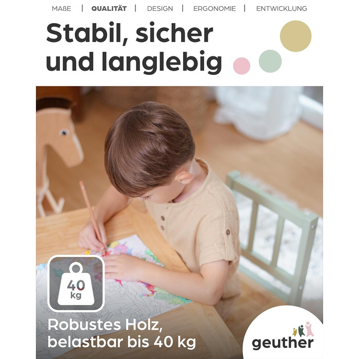 Дитячий комплект сидіння Geuther ACTIVITY Дитячий стіл з 2 стільцями, дерев&39яний Ігровий стіл для дітей віком від 1 року Комплект дитячого столу та стільців для дитячих кімнат Стіл для рукоділля та малювання для дітей Міцні меблі для дитячої кімнати, зе