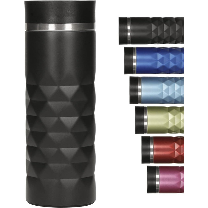 Термокружка Elasto Premium з нержавіючої сталі з кнопкою 450 мл Герметична кришка Гаряча та холодна Без BPA Термокружка для кави з собою з діамантами Матовий блиск Чорний онікс