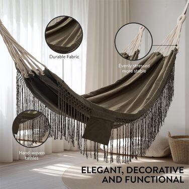 Бавовняний гамак для вулиці та дому - 220 x 115 см - Гамак з тканини в стилі бохо - Гамак для саду або балкону - Вуличний гамак - Темно-сірий