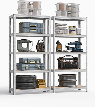 Надміцний стелаж, комплект з 2 шт., Підвальні полиці, Стелажі для зберігання, 40 x 90 x 180 см, Стелаж зі сталевою рамою, Вантажопідйомність до 875 кг кожен, 5 регульованих полиць, Сріблястий GLR040E02 40 x 90 x 180 см Сріблястий