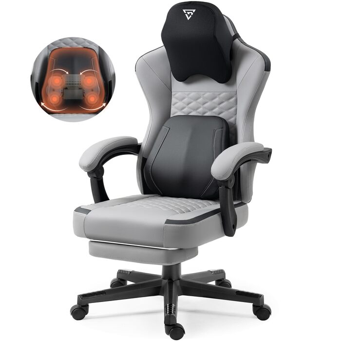 Ігрове крісло з підігрівом та масажною поперековою опорою, ергономічне ігрове комп&39ютерне крісло з пружинними подушками та підставкою для ніг, крісло для ПК з високою спинкою та відкидним кріслом для дорослих, сірий колір