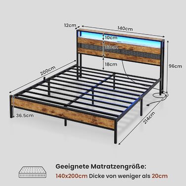 Ліжко 140x200 з металевою рейковою основою, металевий каркас ліжка з розеткою та функцією зарядки через USB, двоспальне ліжко з місцем для зберігання речей, підлогове ліжко, дитяче ліжко, каркас ліжка для спальні та гостьової кімнати (140x200 см)