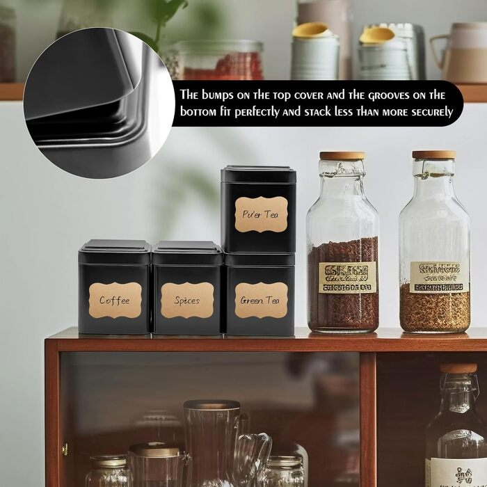 Класичних квадратних чайних банок 7 7 8,5 см для розсипного чаю, металеві чайні банки чорного кольору, включаючи 20 етикеток, для чаю, кавових зерен, спецій, 12