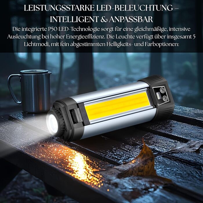 Багатофункціональний світлодіодний ліхтарик 12-в-1 з акумуляторною батареєю, магнітом та телескопічною штангою, кемпінговий ліхтарик, акумуляторний світлодіодний ліхтарик, робочий ліхтарик, ліхтарик для майстерні з функцією зовнішнього акумулятора для сад