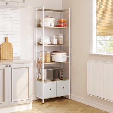 Окремостояча полиця WOLTU, книжкова полиця з 5 полицями та 2 шухлядами, настільна полиця для вітальні, кухні, кабінету, спальні, з металевим каркасом, 63x187x30 см, світлий дуб білий, RGB62whe 63x30x187 см Світлий дуб білий