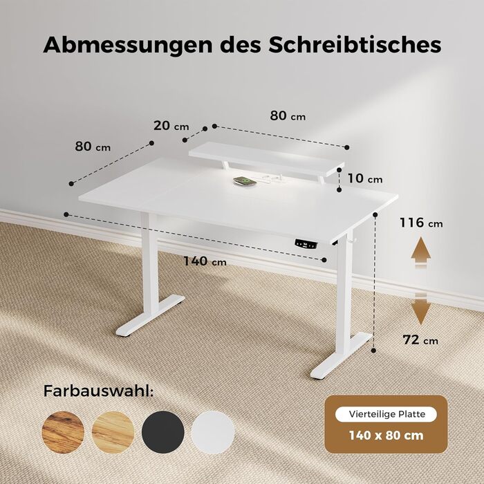 Електрично регульований по висоті стіл 140 x 80 см зі світлодіодною стрічкою, USB-портом та регульованою підставкою для монітора, стіл для роботи стоячи з 4-секційною стільницею, комп&39ютерний стіл, білий 140 x 80 см зі світлодіодним підсвічуванням