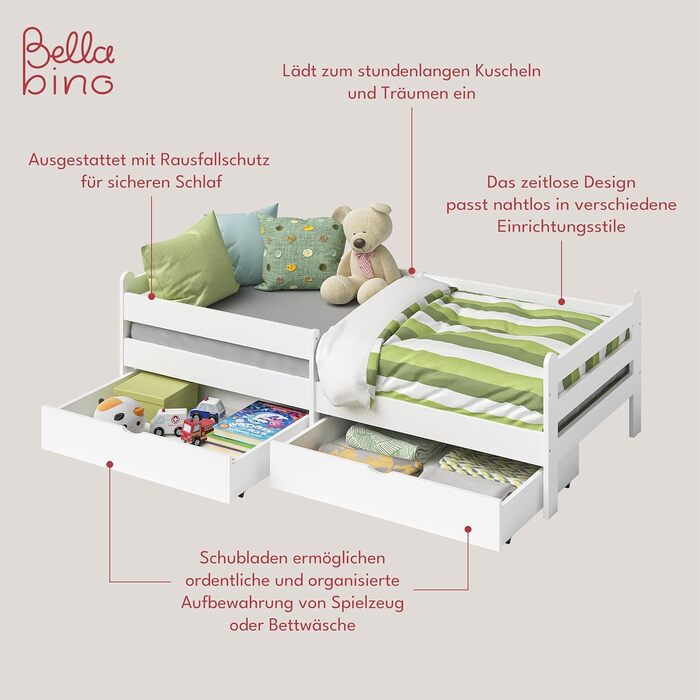 Дитяче ліжко Bellabino Kuru 90x200 з 2 висувними шухлядами, односпальне дитяче ліжко з захистом від випадіння та рейковою рамою, д