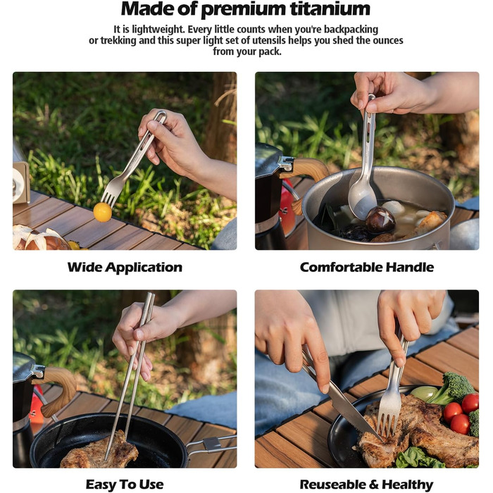 Титанові кемпінгові аксесуари Boundless Voyage, ніж, ложка, виделка, набір паличок для їжі, надлегкий набір столових приборів для супу, їжі, салату, пасти (ti1125t-d)