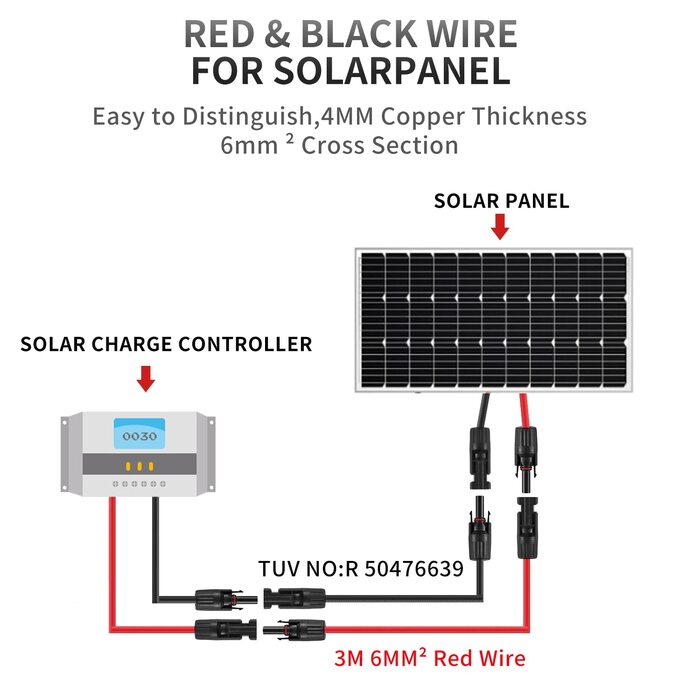 Подовжувач сонячної панелі GENORTH, професійний сонячний кабель 2x3 м, сонячний подовжувач із сонячною вилкою, червоний/чорний 6 мм 3M сонячний кабель