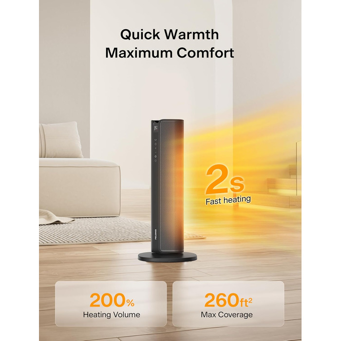 Електричний вентилятор-обігрівач PELONIS Tower Heater 2000 Вт з пультом дистанційного керування, швидкий нагрів 2S, коливання 75, еко-режим, захист від перегріву та перекидання, тихий керамічний обігрівач для спальні та офісу, 23 дюйми, чорний