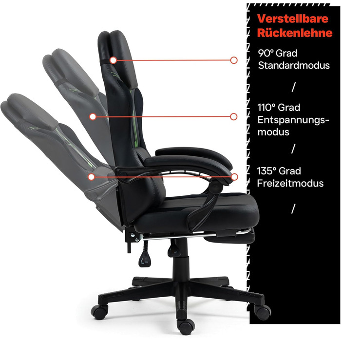 Чорно-зелене ігрове крісло - з підставкою для ніг - ергономічне - з регульованою висотою