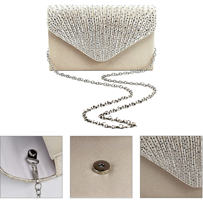 Блискуче клатч-конверт з сатину та стразами на ланцюжку для вечірки, весілля, балу. Бежевий колір. Модель 06269