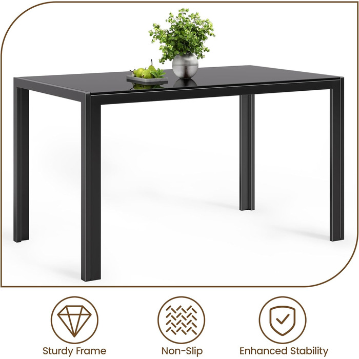 Обідній стіл Bealife із загартованого скла, 130x70x75 см, сучасний кухонний стіл з металевим каркасом, стійкий до подряпин та жаростійкість для кухні, вітальні, їдальні або кавового куточка, домашнього офісу (чорний, 130*70*75) Чорний 130*70*75