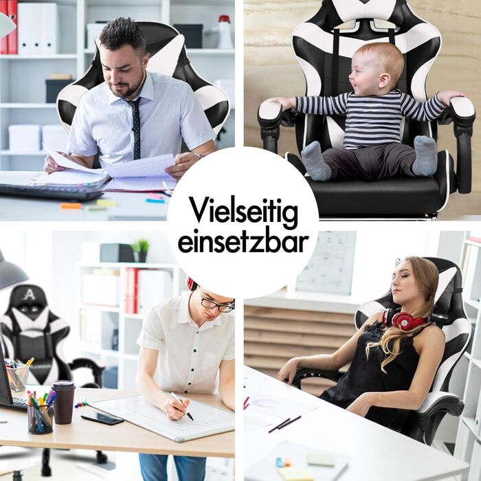 Ігрове масажне крісло ALFORDSON, нахил 150, ергономічне крісло для керівника, шкіра синтетична з підставкою для ніг, регулювання висоти, спортивне крісло, вантажопідйомність 180 кг, білий Vogler - серія White Vogler