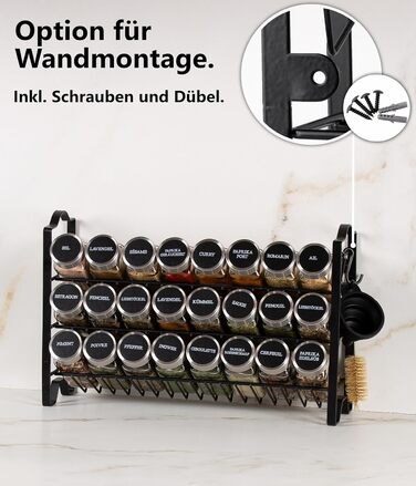 Підставка для спецій Deco haus, настінна та настінна З БАНКАМИ ДЛЯ СПЕЦІЙ ТА ЕТИКЕТКАМИ - Органайзер для спецій - Підставка для спецій - Підвісна система підставок для спецій - Зберігання спецій - Банки для спецій з полицею, чорний колір - Набір з 24 шт.