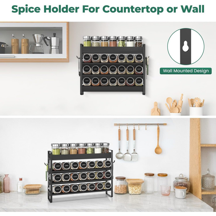 Стійка для спецій, дерев&39яний органайзер для спецій, 4-рівнева бамбукова стійка для спецій, стійка для спецій, підставка для спецій, тримач для спецій, система стійок для спецій, настінна та для кухонь (чорна) чорнийчорний