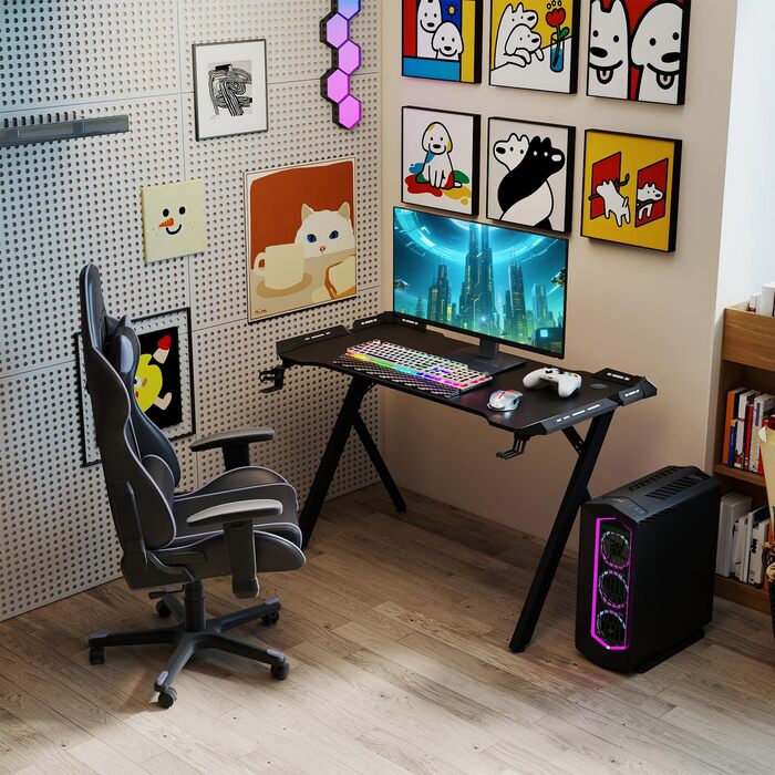 Ігровий стіл YUENFONG зі світлодіодним освітленням, комп&39ютерний стіл Y-подібної форми 140x60 см з вуглецевим волокном, ергономічний ПК-стіл, включаючи пульт дистанційного керування, підставку для чашки та гачок для навушників, чорний 140*60*75 см